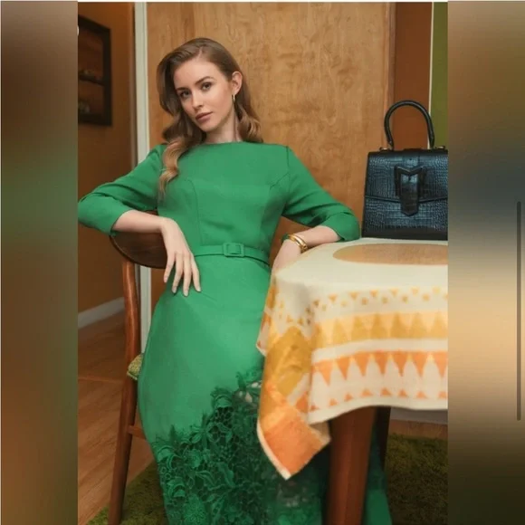 NWOT Mac Duggal Green Crepe Boat Neck Midi Dress With Applique Cut Out Size L - Picture 5 of 13